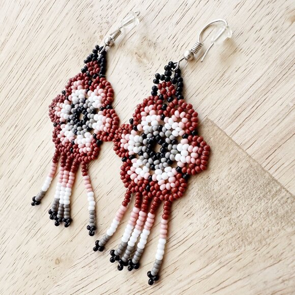 NEW Hand-Beaded Flower‎ Earrings Mini Beads Maroon Pink Black White Southwestern - Picture 2 of 6